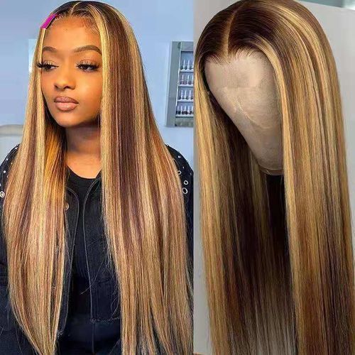 Brown Gold Gradient Long Straight Hair Wig With Medium Parting For Women Daily