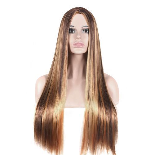 Brown Gold Gradient Long Straight Hair Wig With Medium Parting For Women Daily