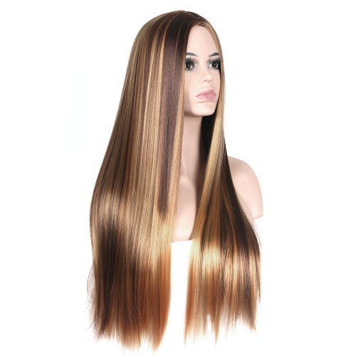 Brown Gold Gradient Long Straight Hair Wig With Medium Parting For Women Daily