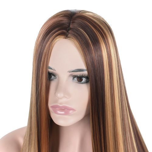 Brown Gold Gradient Long Straight Hair Wig With Medium Parting For Women Daily