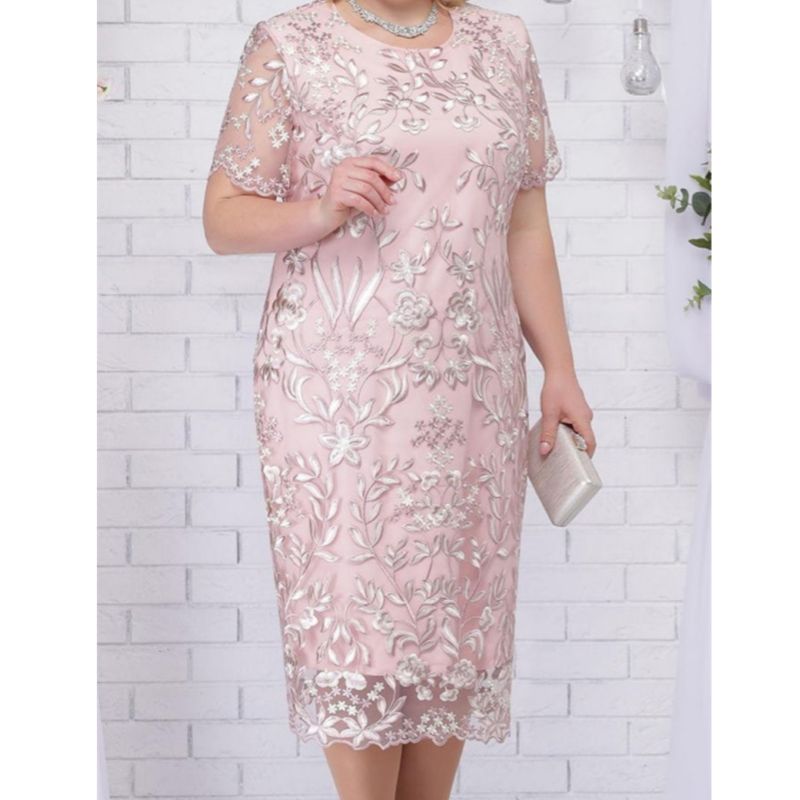 3256 L-5XL Lace Gown Round Neck Plus Size Party Dress Pink