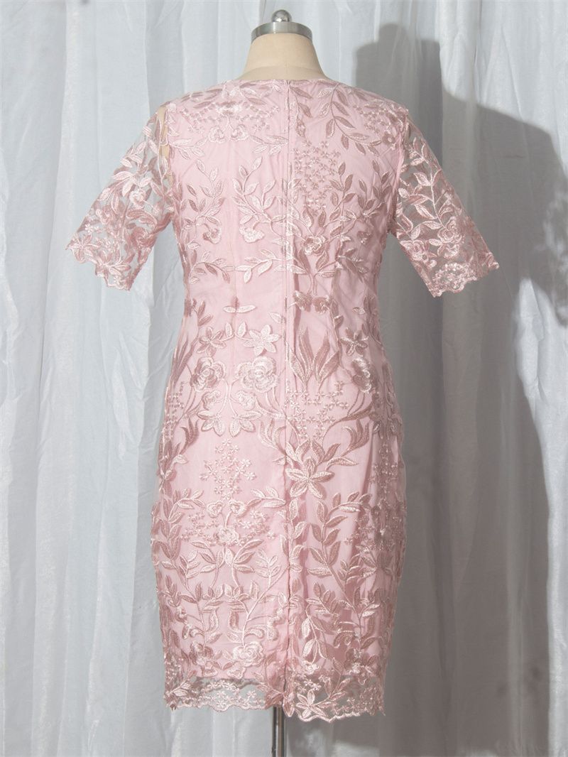 3256 L-5XL Lace Gown Round Neck Plus Size Party Dress Pink