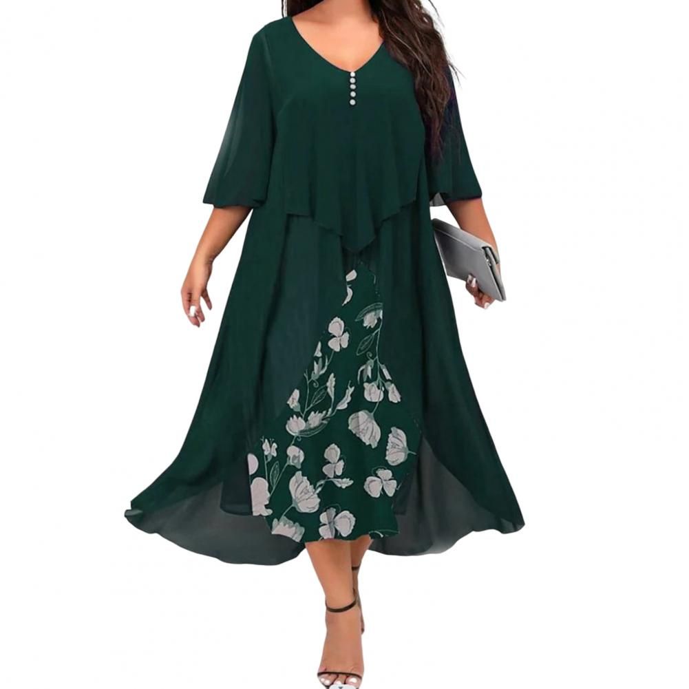 (Green)Stylish Casual Dress Plus Size Long Dress Swing Elegant Floral Print Women Maxi Dress  Dress Up SAB