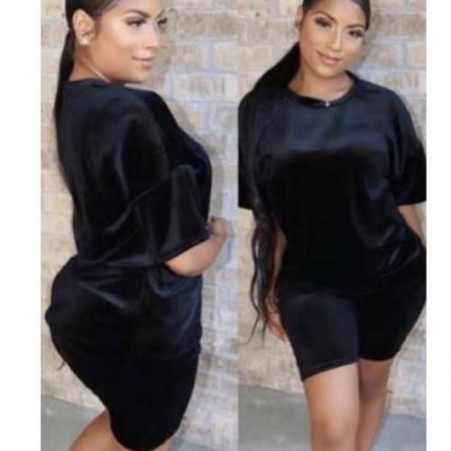 Trendy Velvet Top And Short Two Piece Set - Black