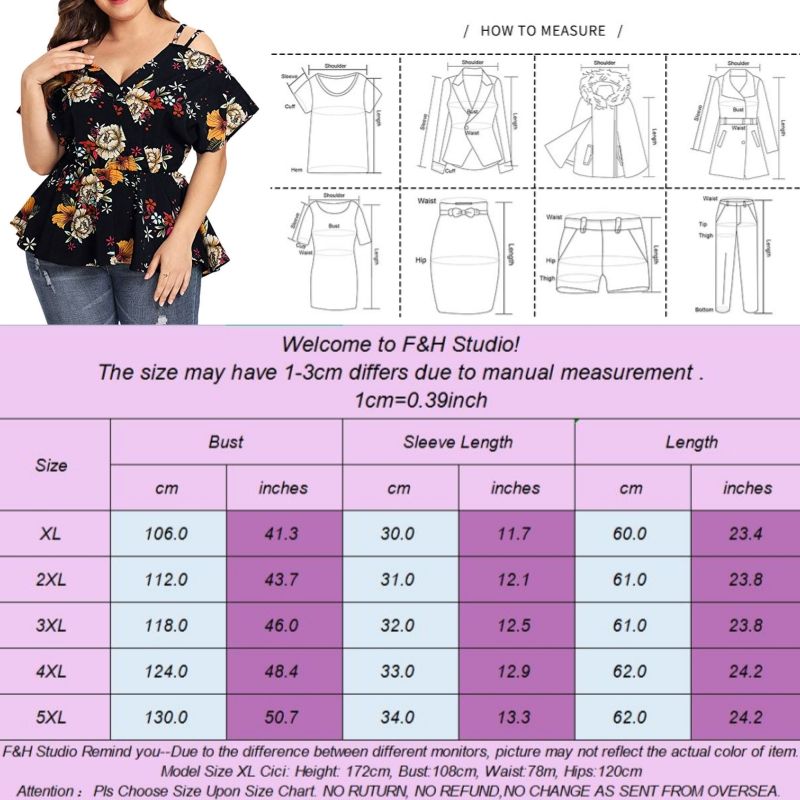 F&H 3617 XL-5XL Plus Size V Neck Printed Off Shoulder Blouse