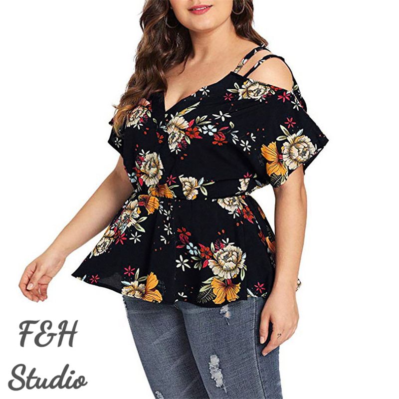 F&H 3617 XL-5XL Plus Size V Neck Printed Off Shoulder Blouse