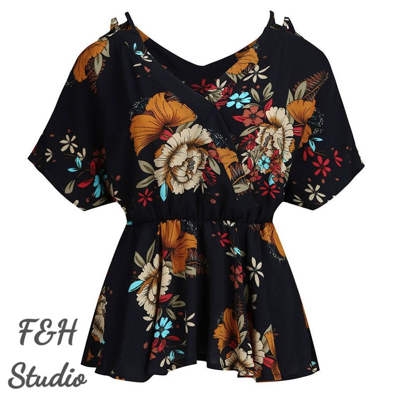 F&H 3617 XL-5XL Plus Size V Neck Printed Off Shoulder Blouse