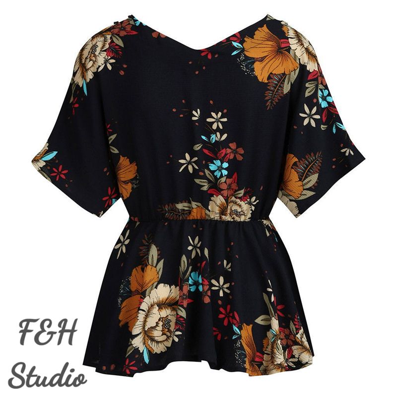 F&H 3617 XL-5XL Plus Size V Neck Printed Off Shoulder Blouse