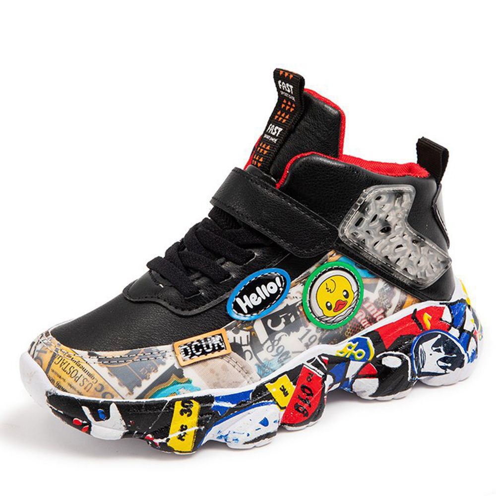 Children's Sports Leather Shoes Boys And Girls Flat Running Shoes Sneaker Black