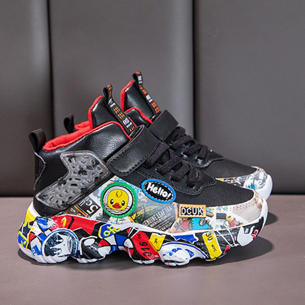 Children's Sports Leather Shoes Boys And Girls Flat Running Shoes Sneaker Black