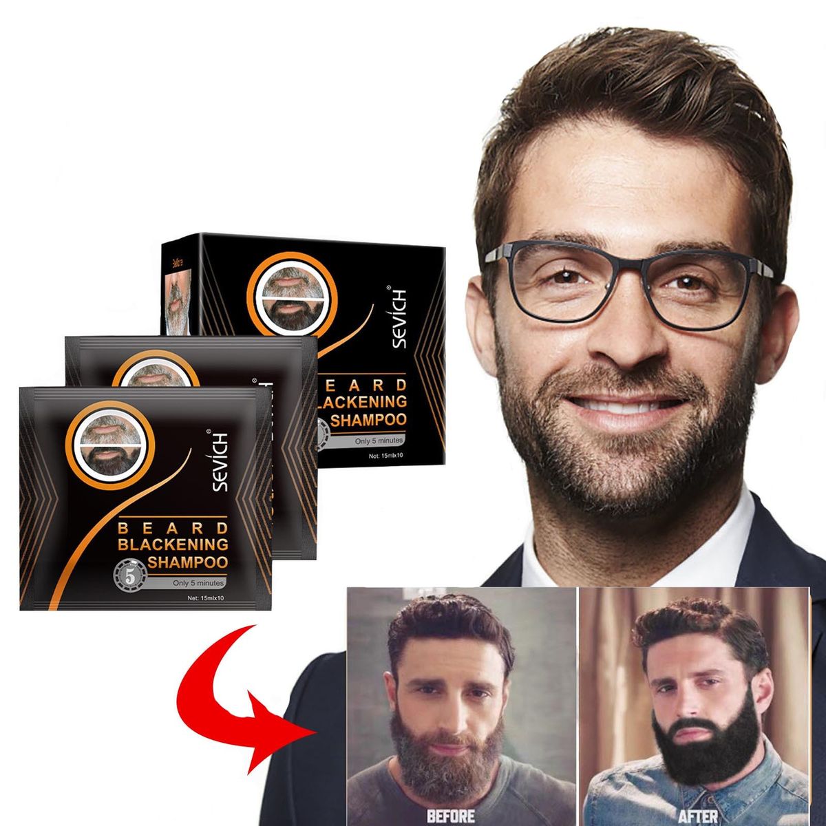 Black Beard Dye Shampoo, Beard Care Repair Grey Cover Mustache Conditioner Softener 150ml X 10