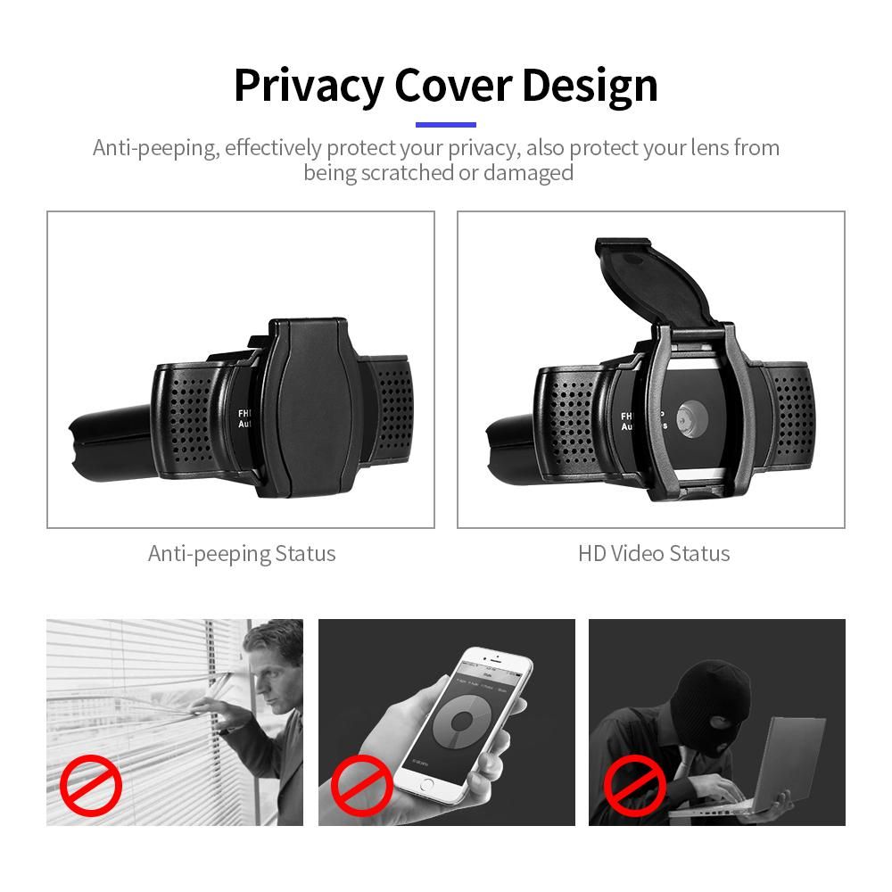 1080P USB Webcam Auto Focus Web Camera with Privacy Cover Built-in Microphone Drive-free Camera for PC Laptop Black
