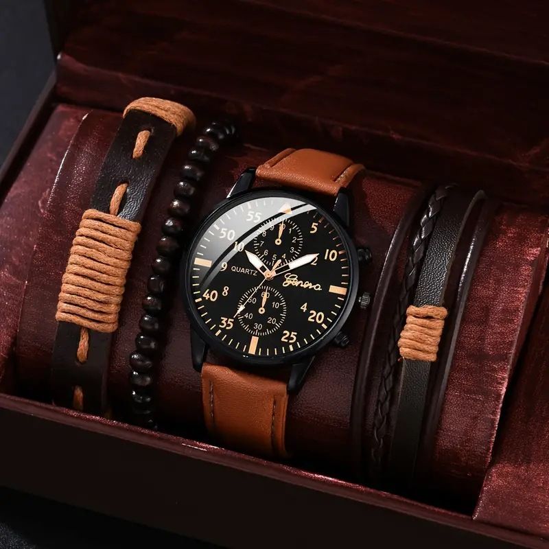 Men's Three Eyes Canvas Quartz Watch + PU Bracelet Set Watch