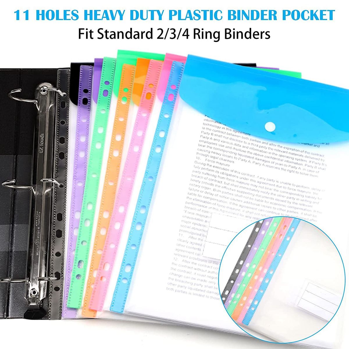 12 Pack A4 Punched Pockets Plastic Wallets - 11 Holes