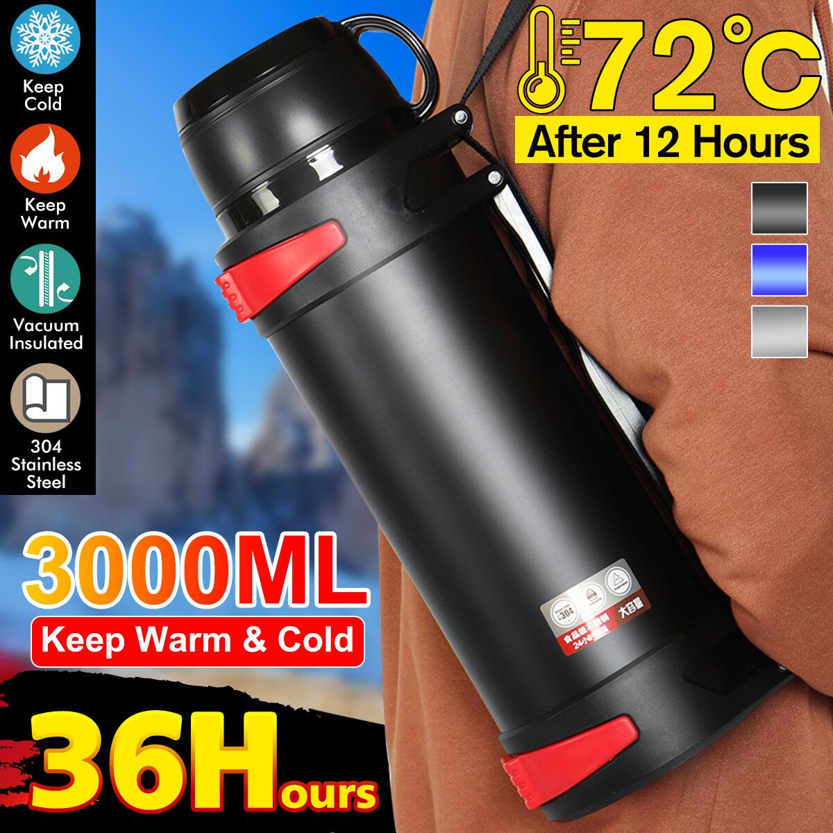 3000ML Large Capacity 36H Keep Hot & Cold Coffee Tea Soups Water Bottle Cups Mug With Carrying Strap Stainless Steel Thermos Flask Double Wall Stainless Steel Vacuum Flask Insulated Cup Portable For Travel Outdoor Kids Studen
