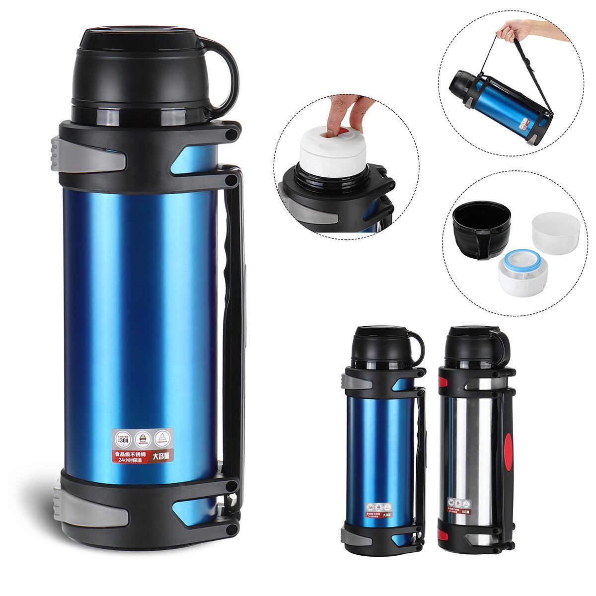 3000ML Large Capacity 36H Keep Hot & Cold Coffee Tea Soups Water Bottle Cups Mug With Carrying Strap Stainless Steel Thermos Flask Double Wall Stainless Steel Vacuum Flask Insulated Cup Portable For Travel Outdoor Kids Studen