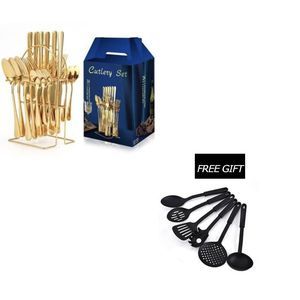 24 Pcs Gold  Stainless Steel Cutlery Set & Free Spoon Set