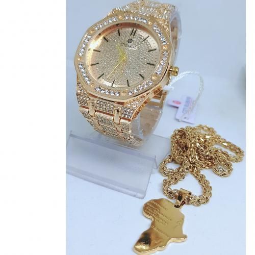 Men Non-Tarnish Gold Wristwatch + Steel Necklace