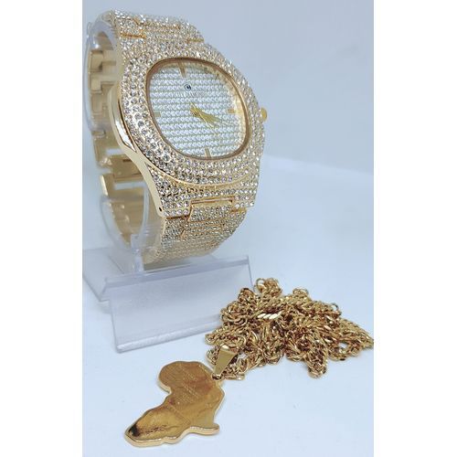 Men Non-Tarnish Gold Wristwatch + Steel Necklace