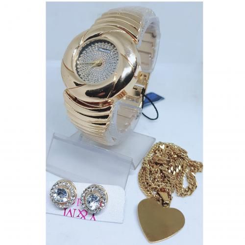 Gold Plated Wristwatch + Non-Tarnish Necklace + Earring