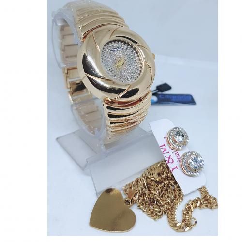 Gold Plated Wristwatch + Non-Tarnish Necklace + Earring