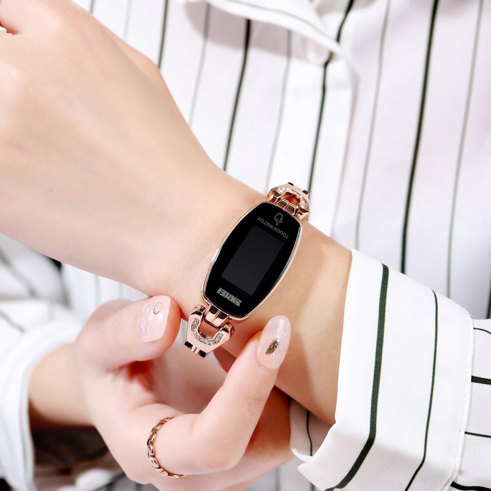 Womens LED Touch Diamond Slim Watch Stainless Steel