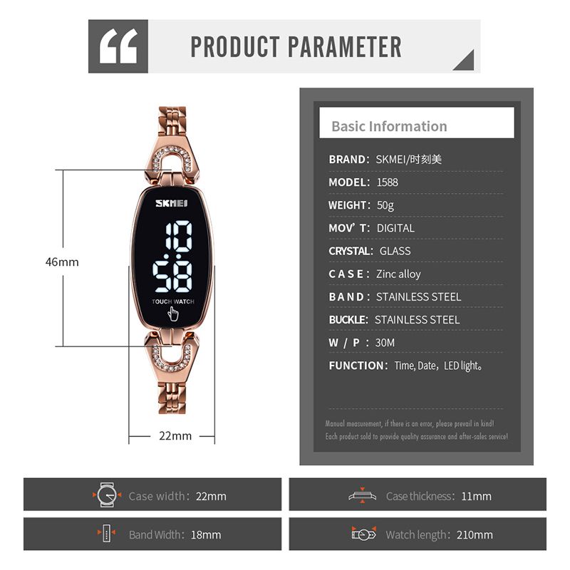 Womens LED Touch Diamond Slim Watch Stainless Steel