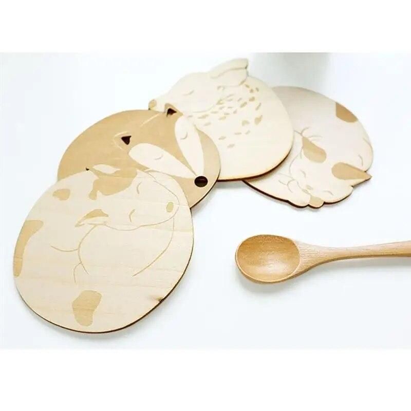 4PCS Animal Cat Fox Dog Deer Wooden Cup Coaster Heat Insulated Pad Placemat Tablemat Table Mat Home Decor