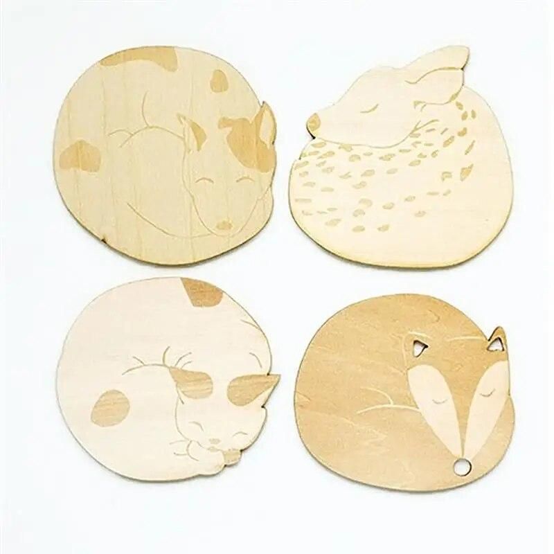 4PCS Animal Cat Fox Dog Deer Wooden Cup Coaster Heat Insulated Pad Placemat Tablemat Table Mat Home Decor