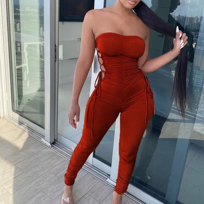 Women Sexy Off Shoulder Bodycon Slim Beach Club Party Jumpsuit - Burnt Orange