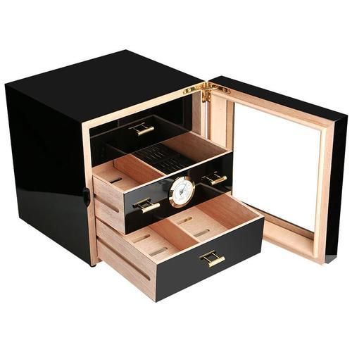 Cedar Wood Cigar Humidor Black Cigar Case Storage Box Lined Humidifier Hygrometer