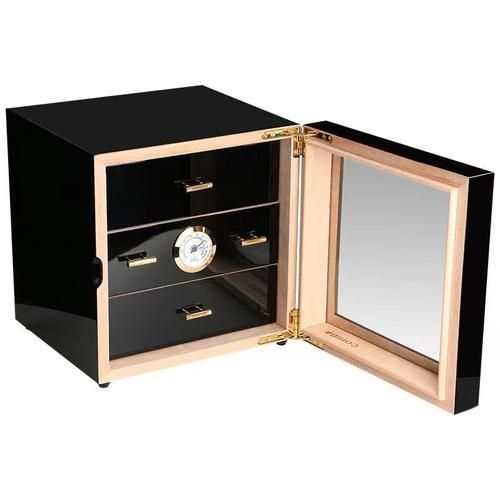 Cedar Wood Cigar Humidor Black Cigar Case Storage Box Lined Humidifier Hygrometer