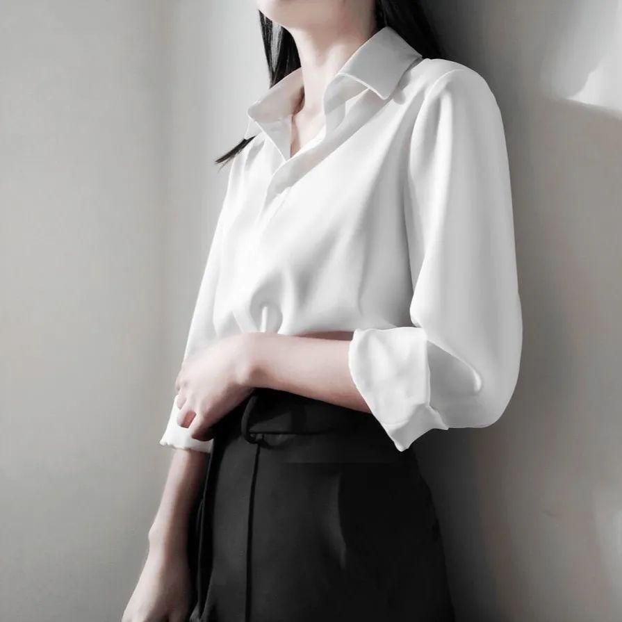Spring and Summer Chiffon Long-Sleeved White Shirt Women's Korean-Style Large Size Anti-Wrinkle Formal Wear Business Shirt Business Wear Short-Sleeved Bottoming Shirt
