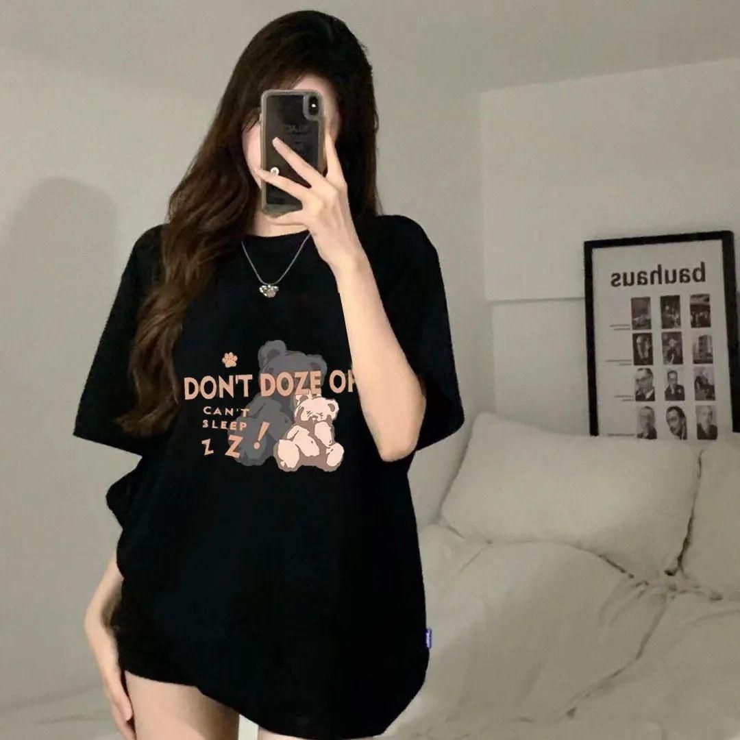 Korean Style Fashionable Salt Printed Black and White Short-Sleeved T-shirt for Women 2023 Summer Loose Slimming Chic Niche Top