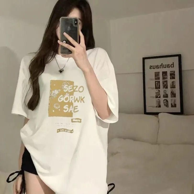 Korean Style Fashionable Salt Printed Black and White Short-Sleeved T-shirt for Women 2023 Summer Loose Slimming Chic Niche Top
