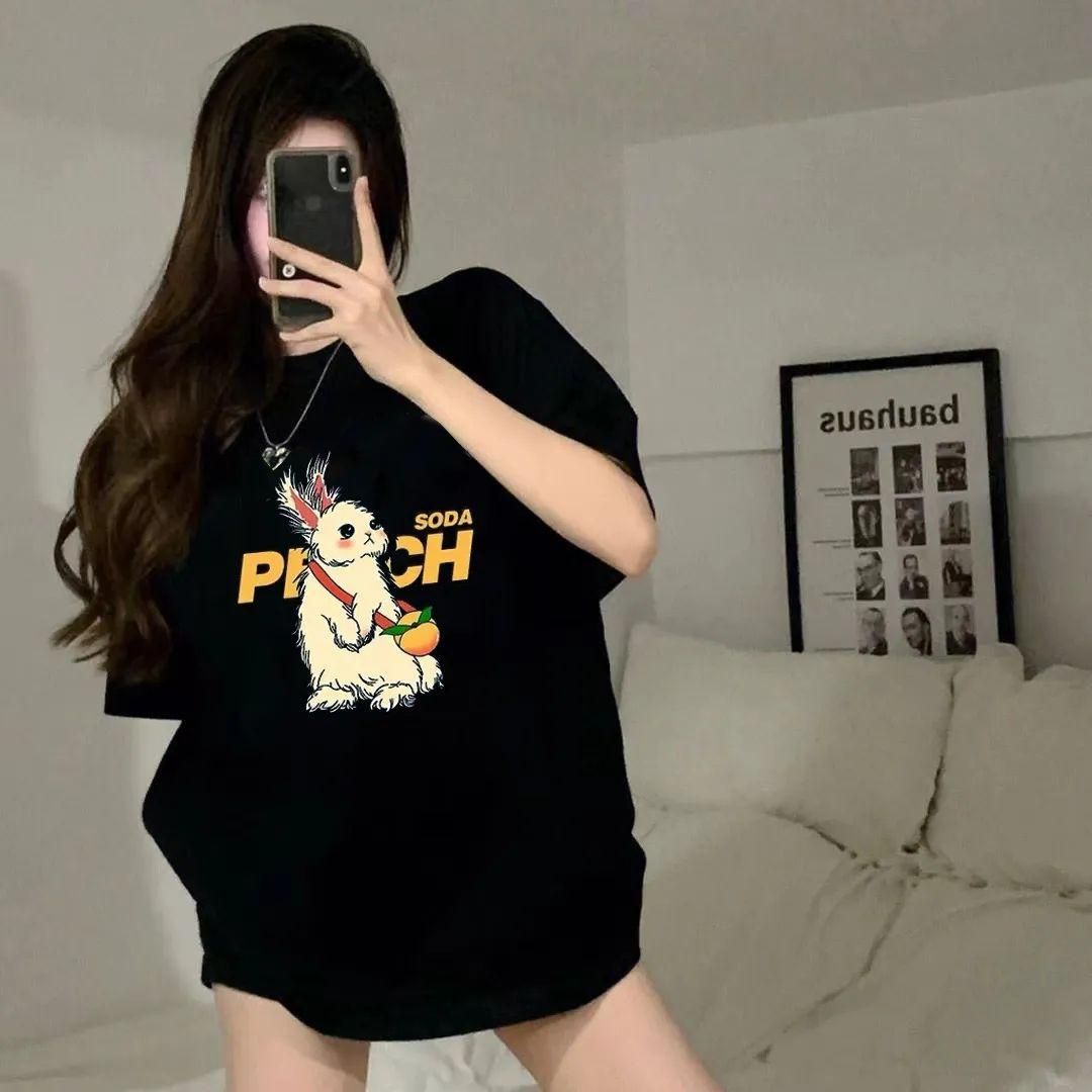 Korean Style Fashionable Salt Printed Black and White Short-Sleeved T-shirt for Women 2023 Summer Loose Slimming Chic Niche Top