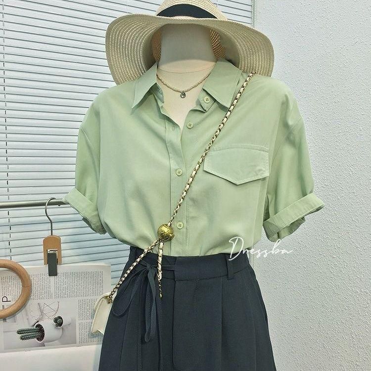 62 2023 Summer New Korean Style Temperament Pure Color Pocket Decorative Lapel Short Sleeve Simple Office Lady Style All-Match Women's Shirt