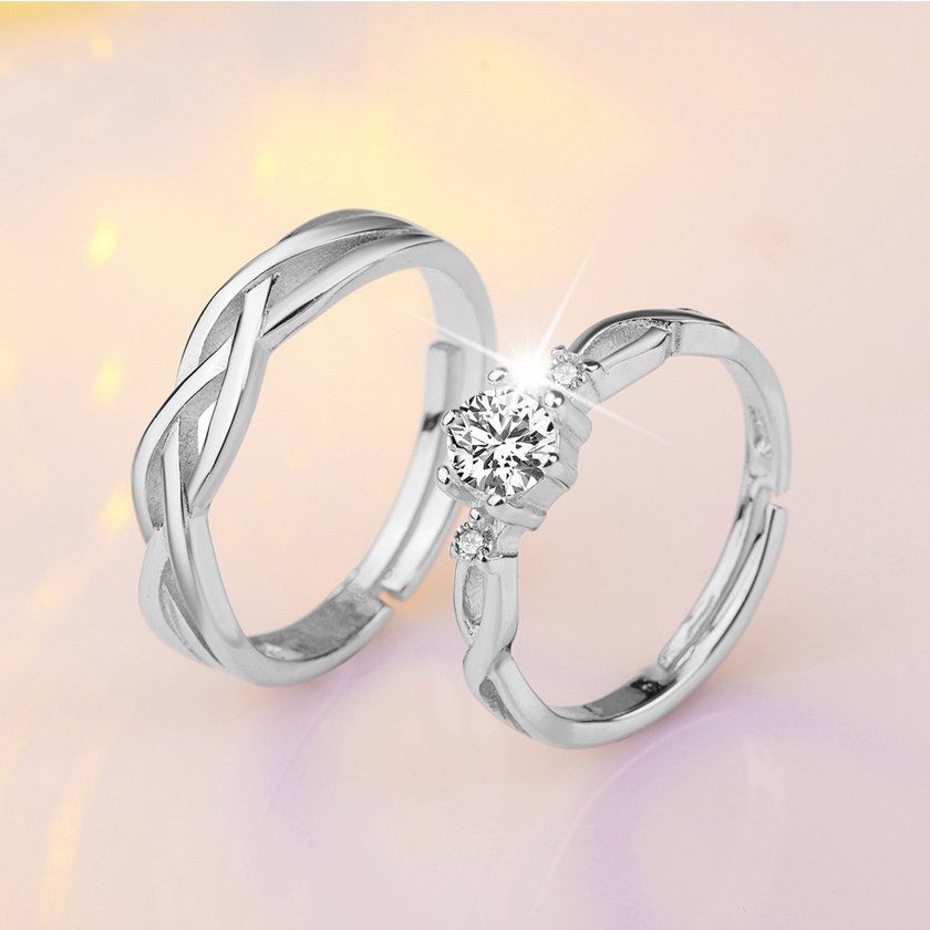 1 Pair Of Zir On  Ouple Rings Set 30% Ste Ing Si Er Wedding Promise Rings-Si Er