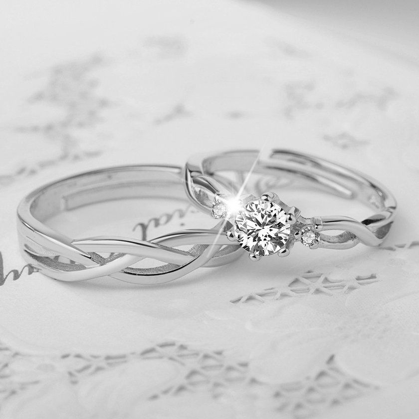 1 Pair Of Zir On  Ouple Rings Set 30% Ste Ing Si Er Wedding Promise Rings-Si Er