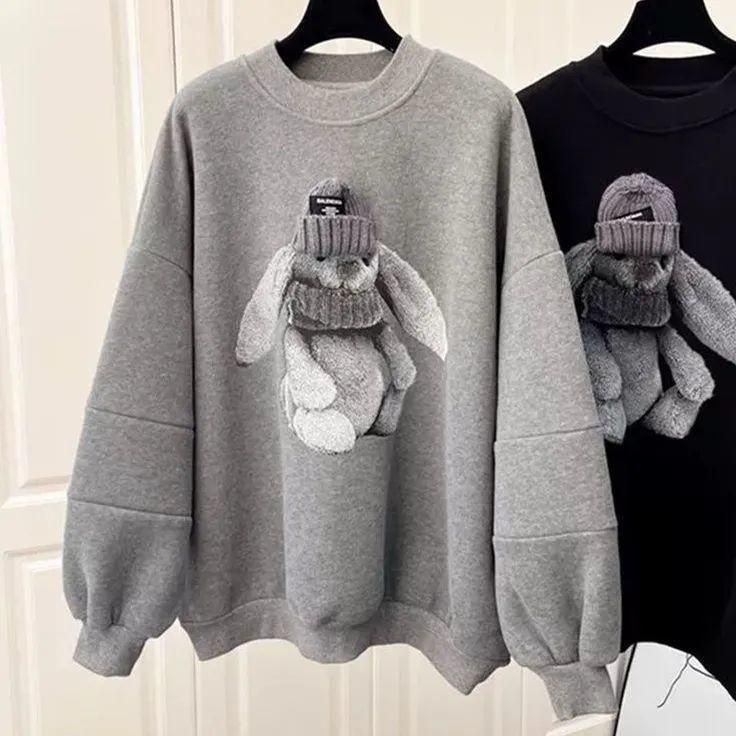 National Fashion Fleece-Lined Thickened Bunny round Neck Sweater Women's Autumn and Winter New Large Size Mid-Length Baggy Coat Top Clothes