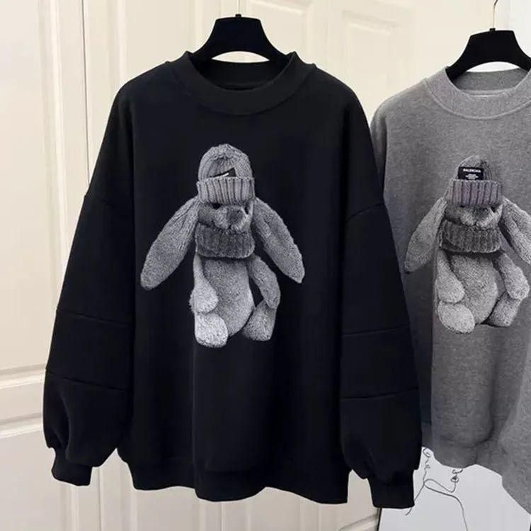 National Fashion Fleece-Lined Thickened Bunny round Neck Sweater Women's Autumn and Winter New Large Size Mid-Length Baggy Coat Top Clothes