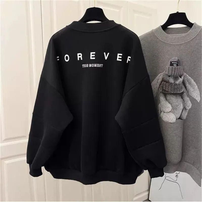 National Fashion Fleece-Lined Thickened Bunny round Neck Sweater Women's Autumn and Winter New Large Size Mid-Length Baggy Coat Top Clothes
