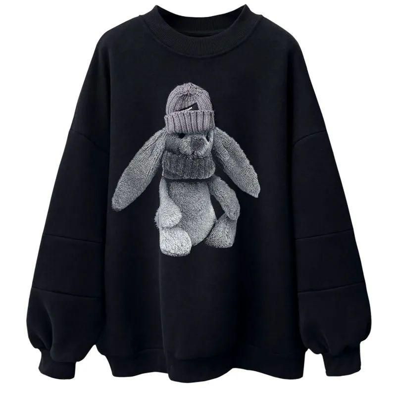 National Fashion Fleece-Lined Thickened Bunny round Neck Sweater Women's Autumn and Winter New Large Size Mid-Length Baggy Coat Top Clothes