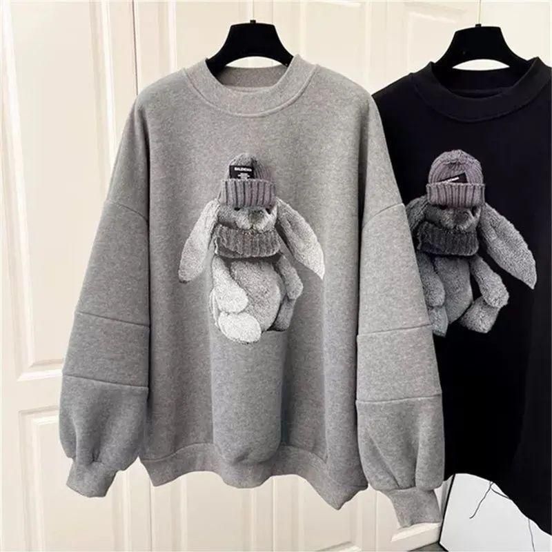 National Fashion Fleece-Lined Thickened Bunny round Neck Sweater Women's Autumn and Winter New Large Size Mid-Length Baggy Coat Top Clothes