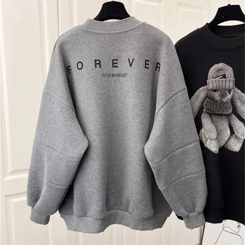 National Fashion Fleece-Lined Thickened Bunny round Neck Sweater Women's Autumn and Winter New Large Size Mid-Length Baggy Coat Top Clothes