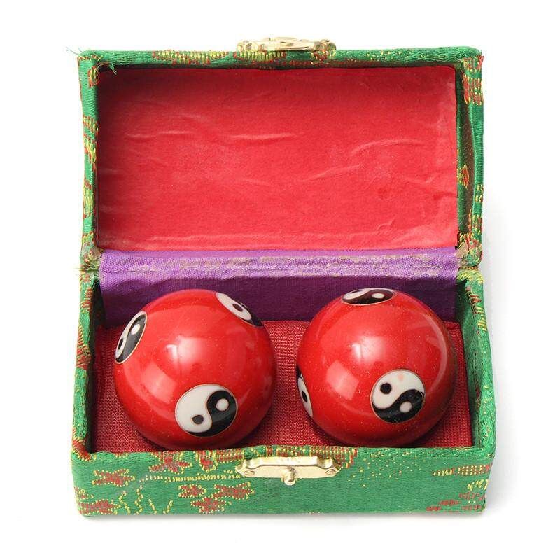 Chinese Health Exercise Stress Relief BAODING Balls Yin Yang Red 42mm + Case