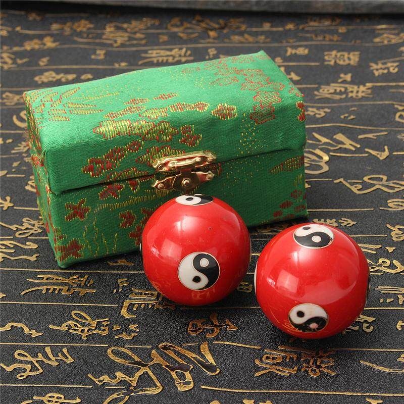 Chinese Health Exercise Stress Relief BAODING Balls Yin Yang Red 42mm + Case