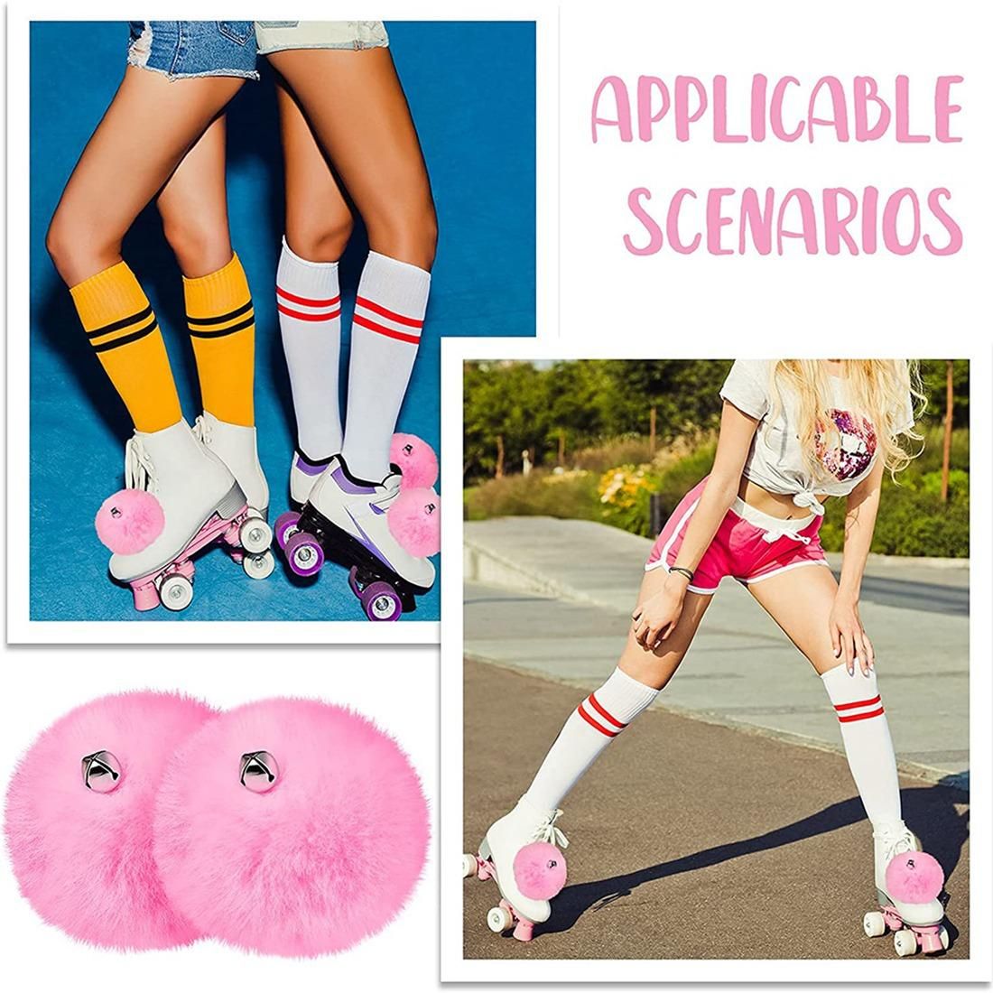 2 Pcs Roller Skate Pom Poms with Jingle Bells Girls Roller