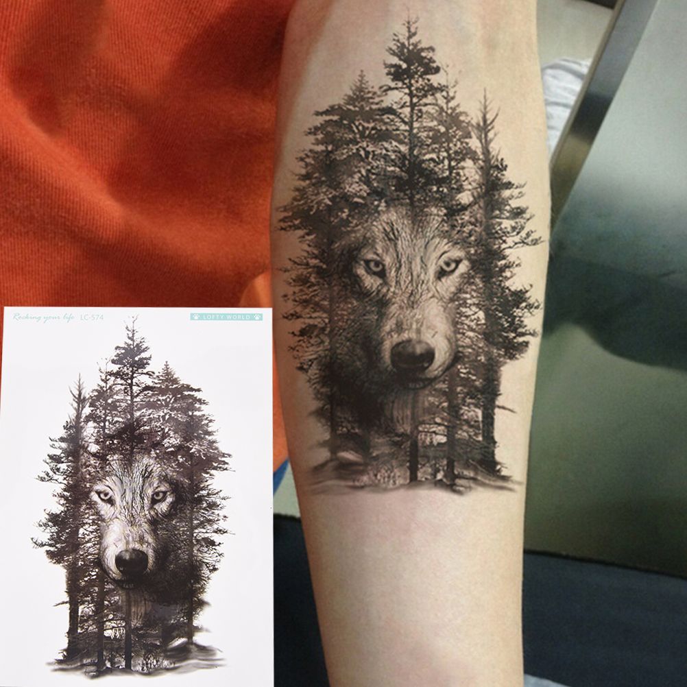 Waterproof Tattoo Fake Women Temporary 1 Sticker Arm Forest Tatto Pcs Wolf For Men Tattoo