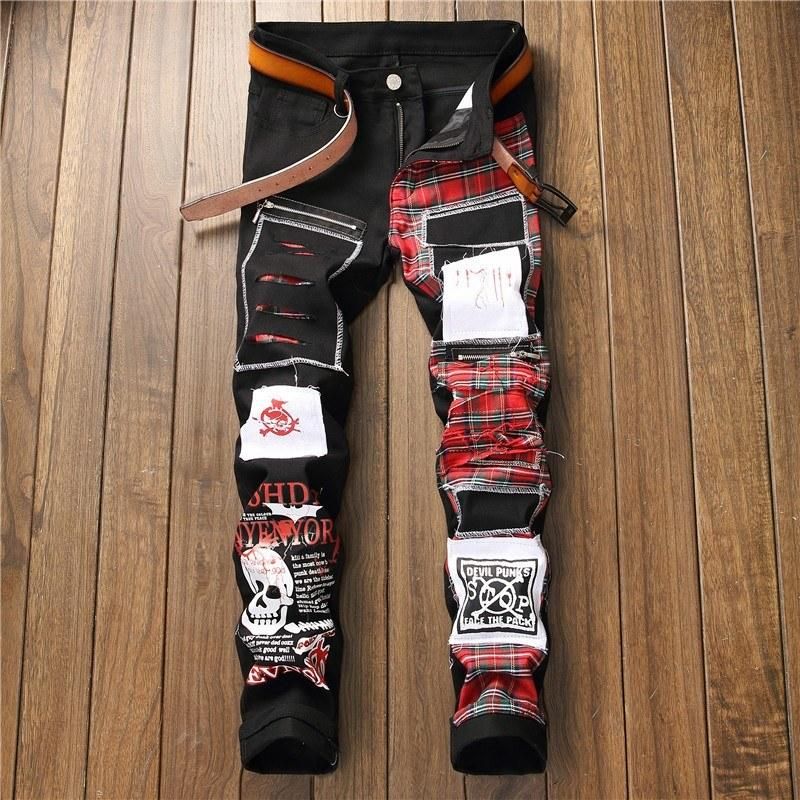 Original design autumn and winter new men's hole patch pants color cloth alternative stitching men's slim small straight jeans black 36